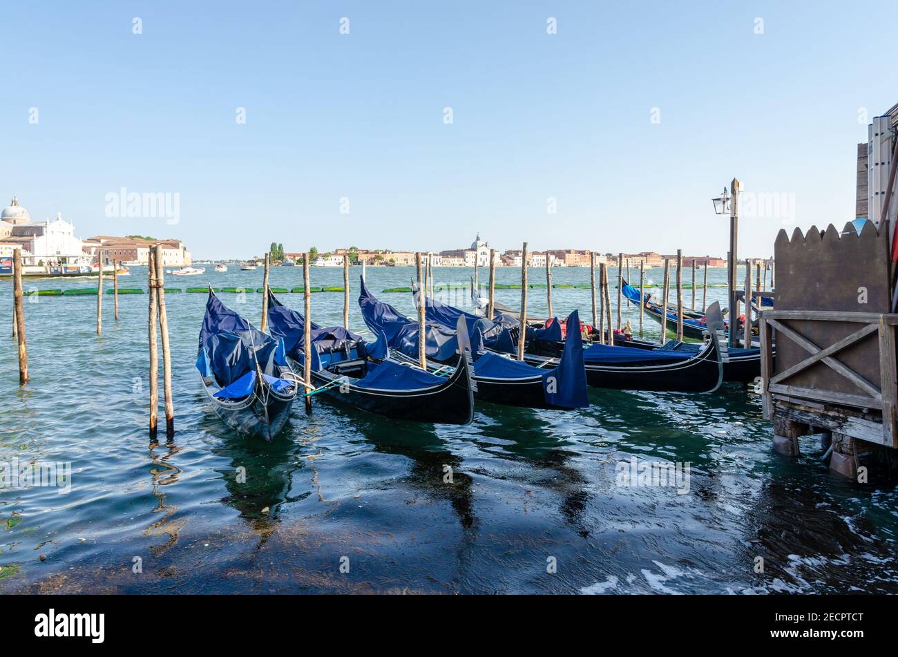 Leere Gondeln zwischen den Pylonen im Wasser des Canale Grande, Venedig, Italien. Stockfoto