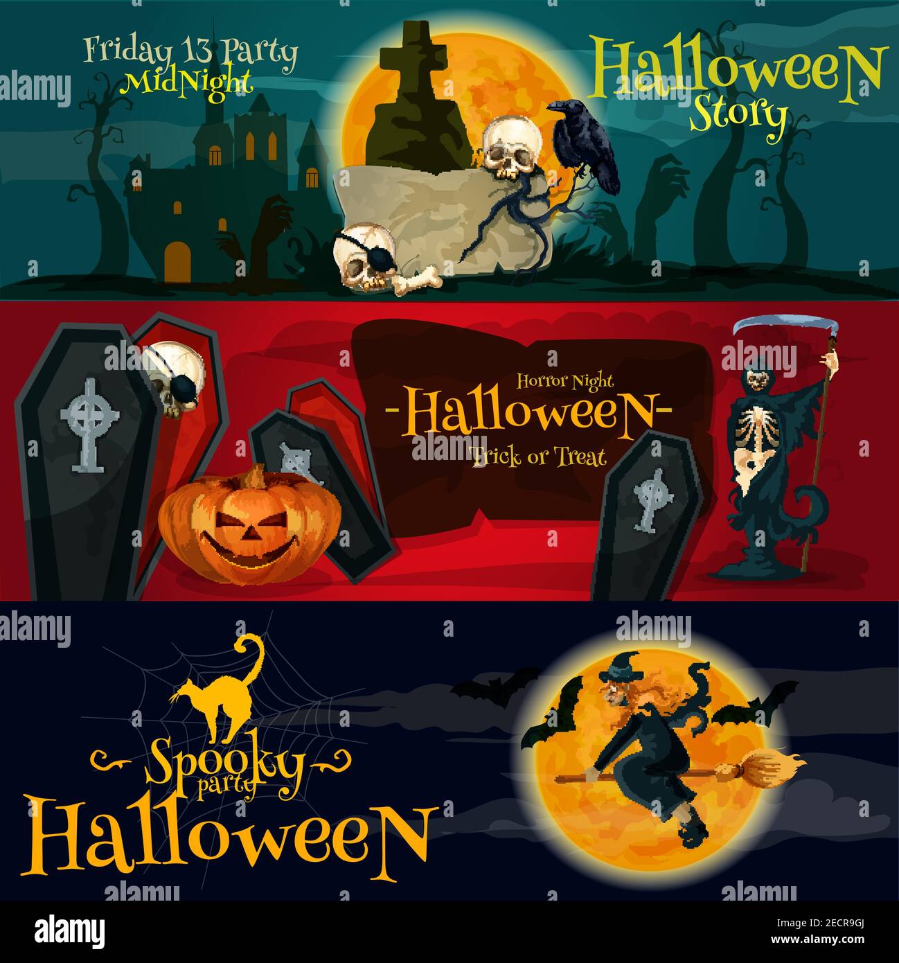 Cartoon Halloween Party Vektor Banner und Poster mit Gruß und Ivitation Text. Freitag 13 Grabstein, Horror Night Särge und Skelette, Spooky Stock Vektor