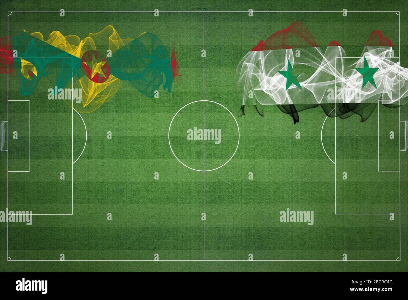 Grenada vs Syrien Fußballspiel, Nationalfarben, Nationalflaggen, Fußballfeld, Fußballspiel, Wettbewerbskonzept, Kopierraum Stockfoto