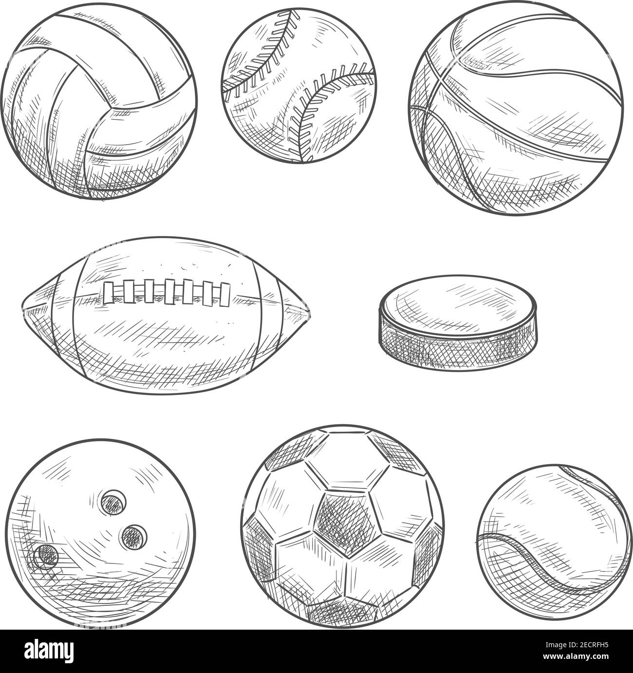 Sportbälle und Puck isoliert Skizzen. Sportartikel und Ausrüstung für Fußball oder Fußball, Basketball, Volleyball, Rugby, Baseball, Tennis, Eis h Stock Vektor
