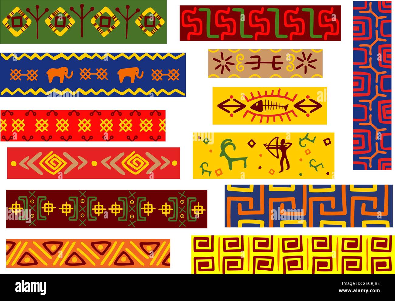 Ethnische afrikanische Muster mit floralen, geometrischen und tierischen Ornamenten mit Tribal-Zierelementen und Jagdszene Stock Vektor