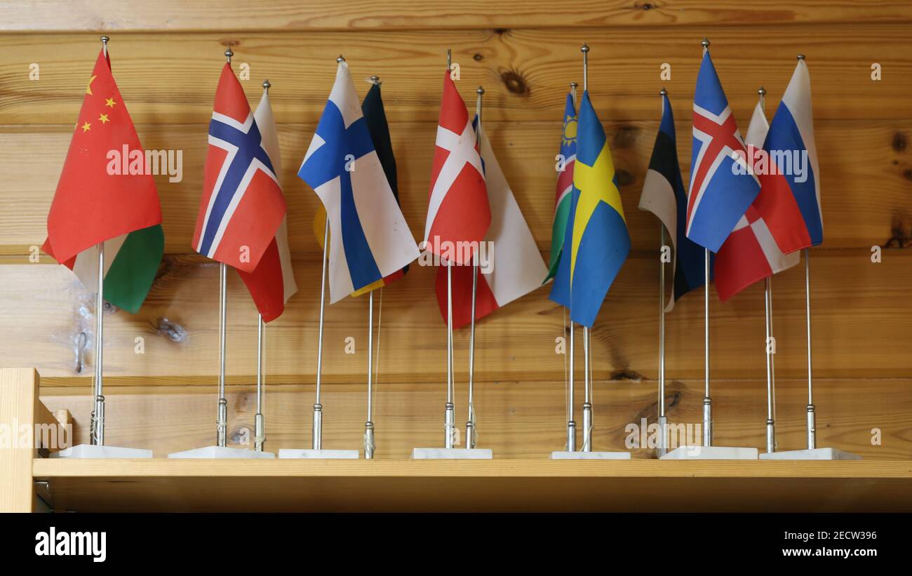 Kleine Flaggen symbolisieren europäische Länder, von denen die meisten zur Europäischen Union gehören. Flaggen von Schweden, Finnland, Norwegen, Dänemark und vielen mehr! Stockfoto