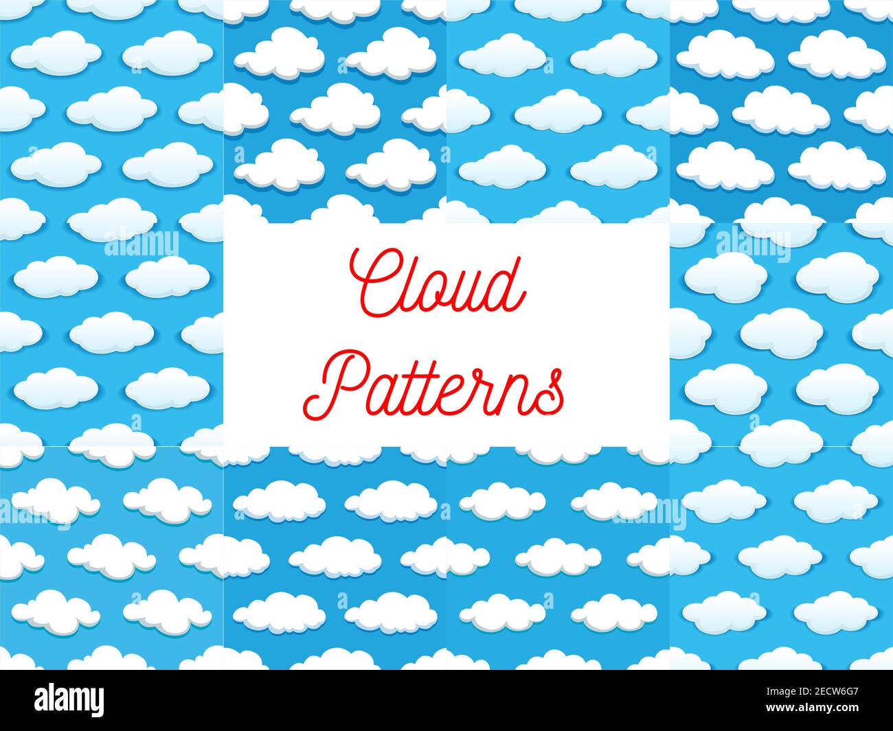 Cartoon Cumulus Wolken in blauen Himmel. Nahtlose Muster Hintergründe. Tapete und Wolke Symbole für die Dekoration Stock Vektor