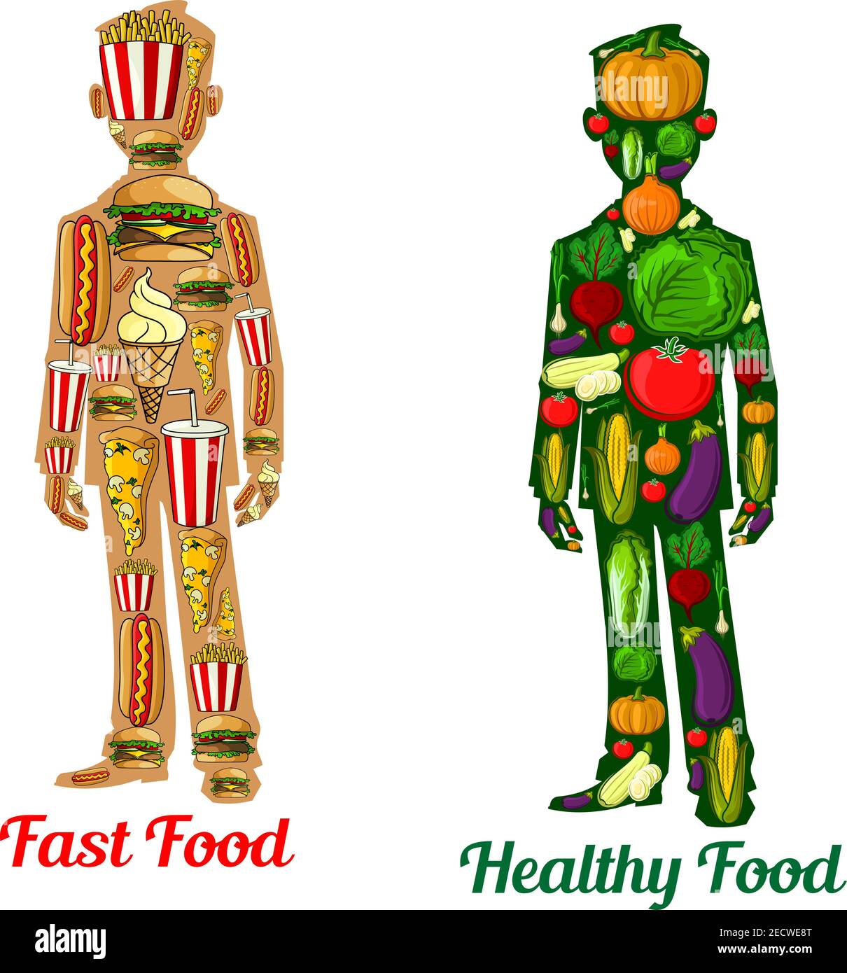 Gesunde Ernährung Ernährung vs Fast Food. Menschliche Körper Symbole mit Symbol für Gemüse Tomaten, Kartoffeln, Pfeffer, Rettich, Kohl, Kürbis, Mais, Zwiebel und Käse Stock Vektor