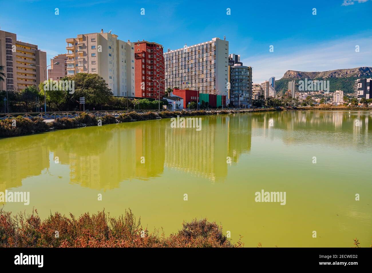 Salinen, Salinen, Appartementhäuser und Villen und Palmen sind das beliebte Urlaubsziel von Calpe, an der Costa Blanca, Alicante, Spanien Stockfoto