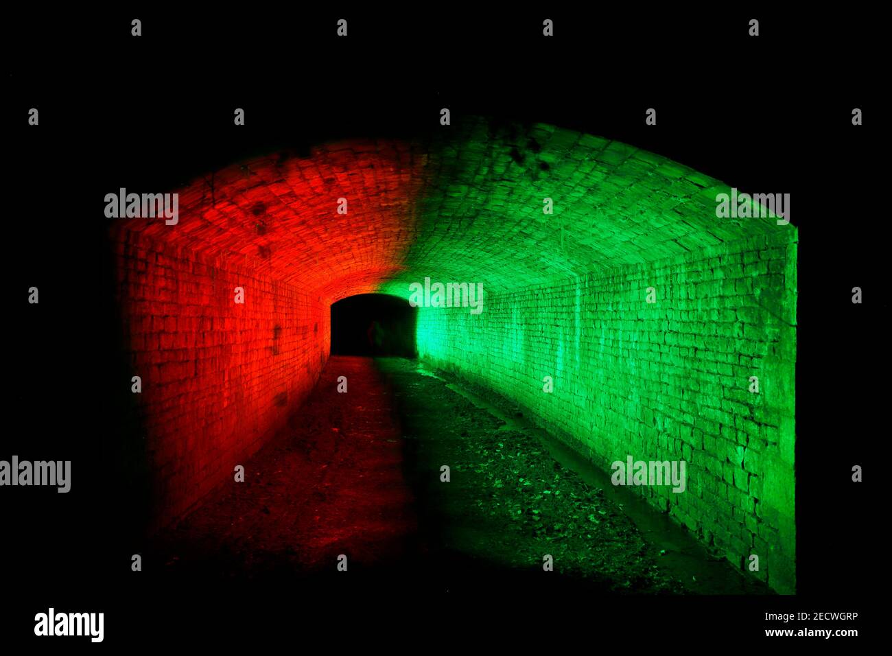 Der Dark Arch in den Parlington Woods in Aberford bei Leeds.der Tunnel wurde hell mit einem roten und grünen Licht bemalt. Stockfoto