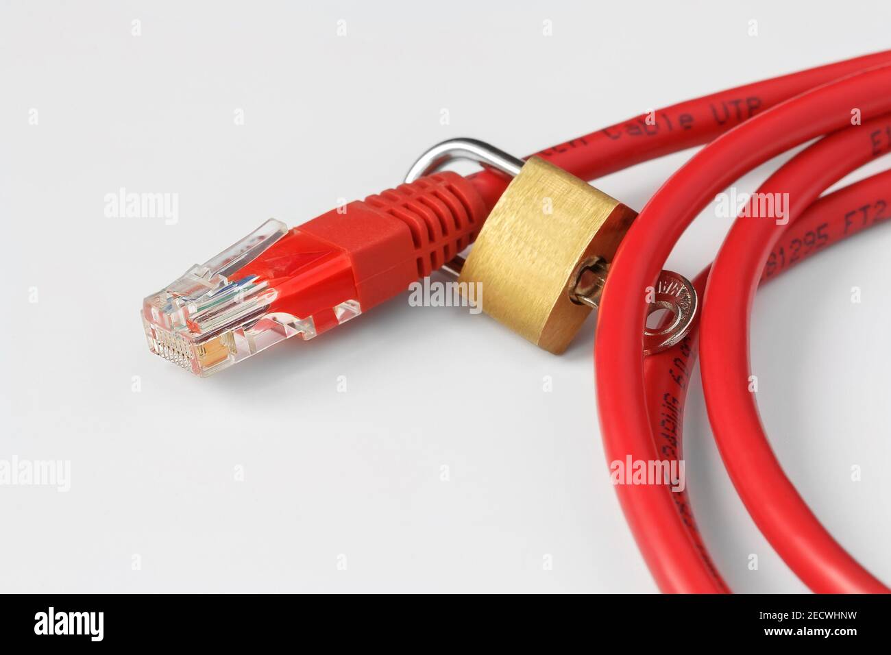 Rotes Computerkabel mit RJ-45-Anschluss und Vorhängeschlössern. Datenschutzkonzept für Computer. Stockfoto