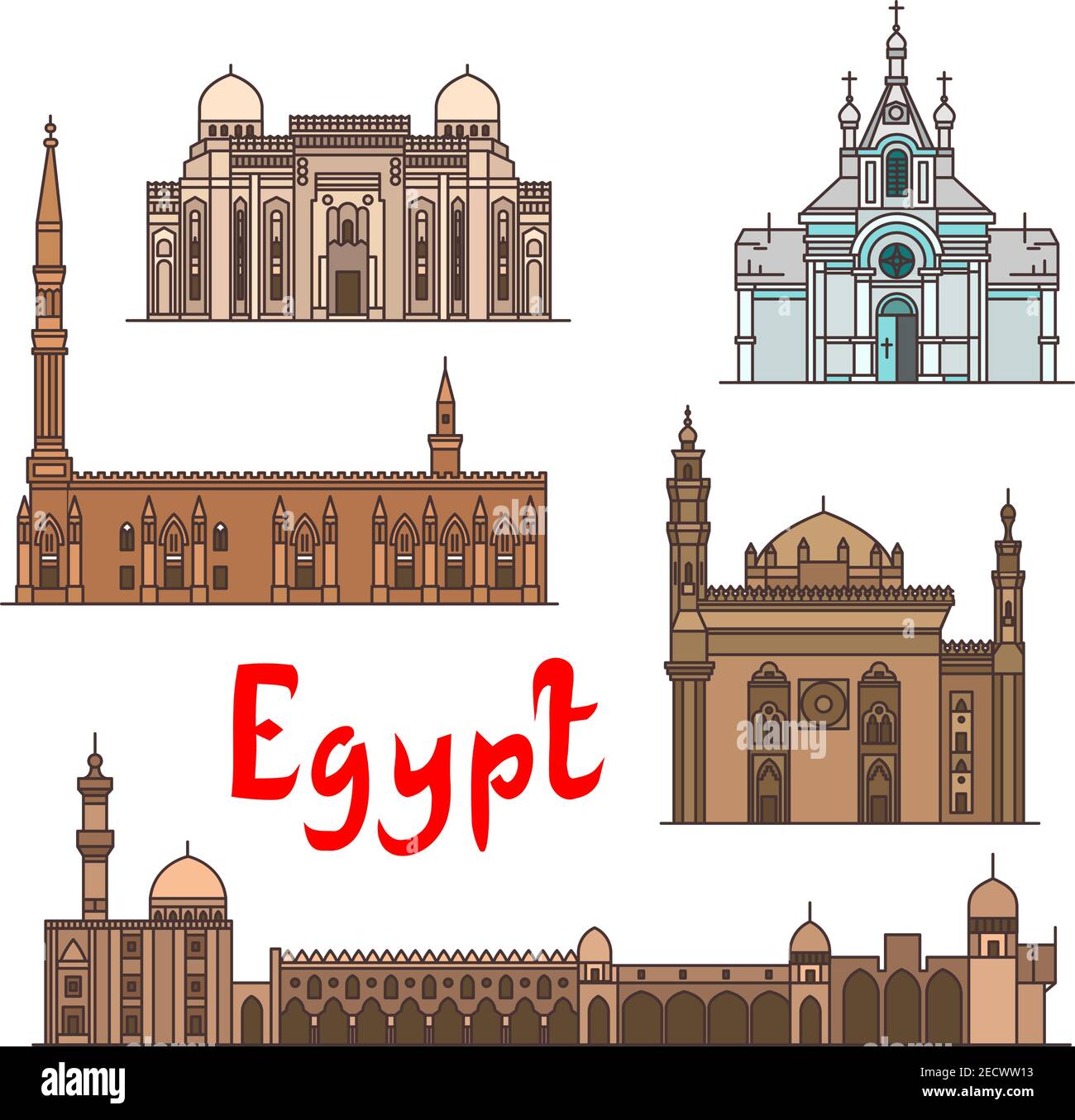 Ägypten historische Wahrzeichen und Sehenswürdigkeiten, berühmte Ausstellungsorte. Vektor detaillierte Ikonen der Kirche der Heiligen Jungfrau Maria, Abu al-Abbas al-Mursi, Al-Hussein, Al Stock Vektor