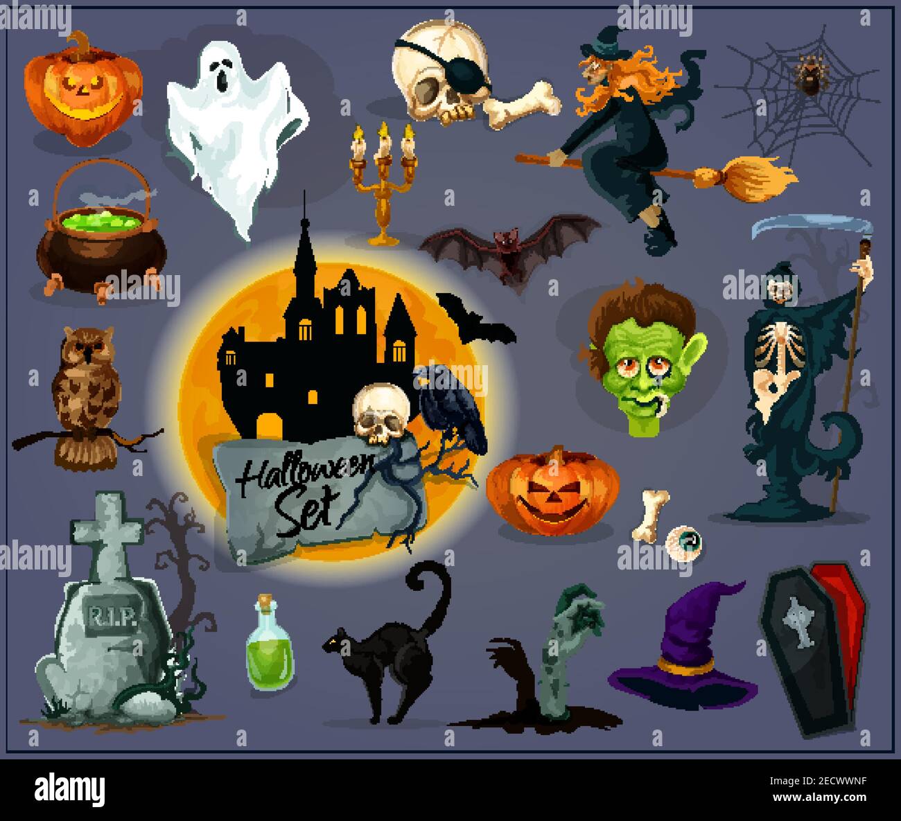 Oktober Halloween Feier Design Elemente und Symbole. Vektor orange Kürbis Laterne, fliegende Hexe, Kessel, Zombie Friedhof, Spukhaus gruselig Stock Vektor