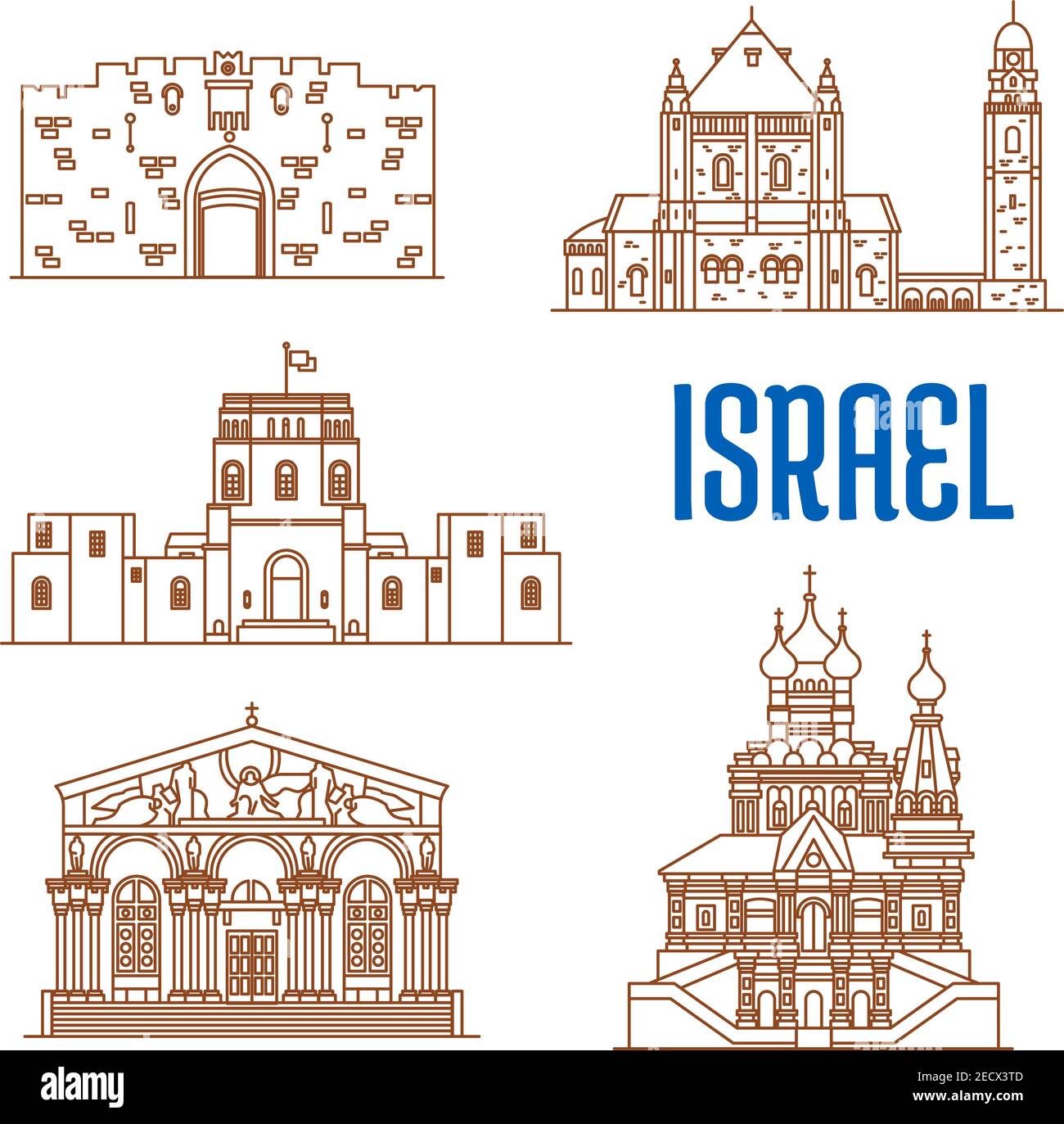 Israel Vektor dünne Linie Ikonen von Lions Gate, Dormition Abbey, Rockefeller Museum, Kirche aller Völker, Kirche Maria Magdalena. Historische Architektur Stock Vektor