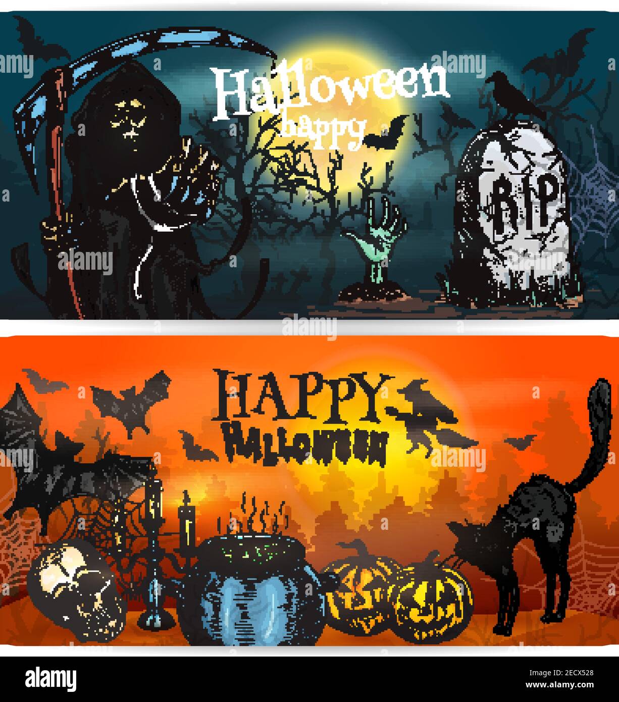 Frohe Halloween Deko Banner. Halloween Kürbis, Vollmond Himmel über Grab. Vektor-Skizze Tod Reaper in Robe mit Sense, Hexe auf fliegende Magie Stock Vektor