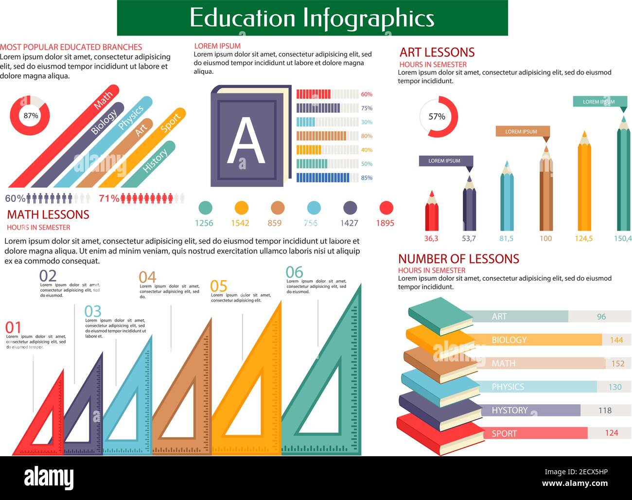 Infografik für den Bildungsbereich – Plakatvorlage. Die beliebtesten gebildeten Branchen Mathematik, Biologie, Physik, Kunst, Sport, Geschichte. Informationen, Statistiken, Diagramme d Stock Vektor