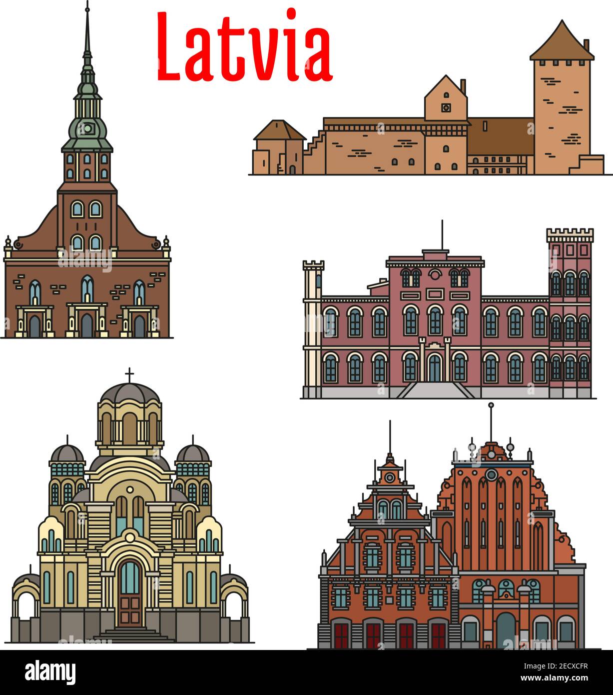 Lettland berühmte historische Architektur. Vektor detaillierte Ikonen der St. Peter Kirche, Turaida Schloss, Birini Palast, Geburt Christi Kathedrale, Haus von Stock Vektor