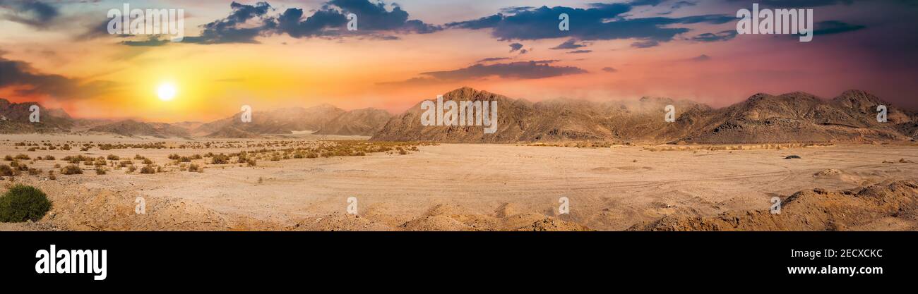 Blick auf Wüste mit Bergen bei Sonnenaufgang, Ägypten Stockfoto