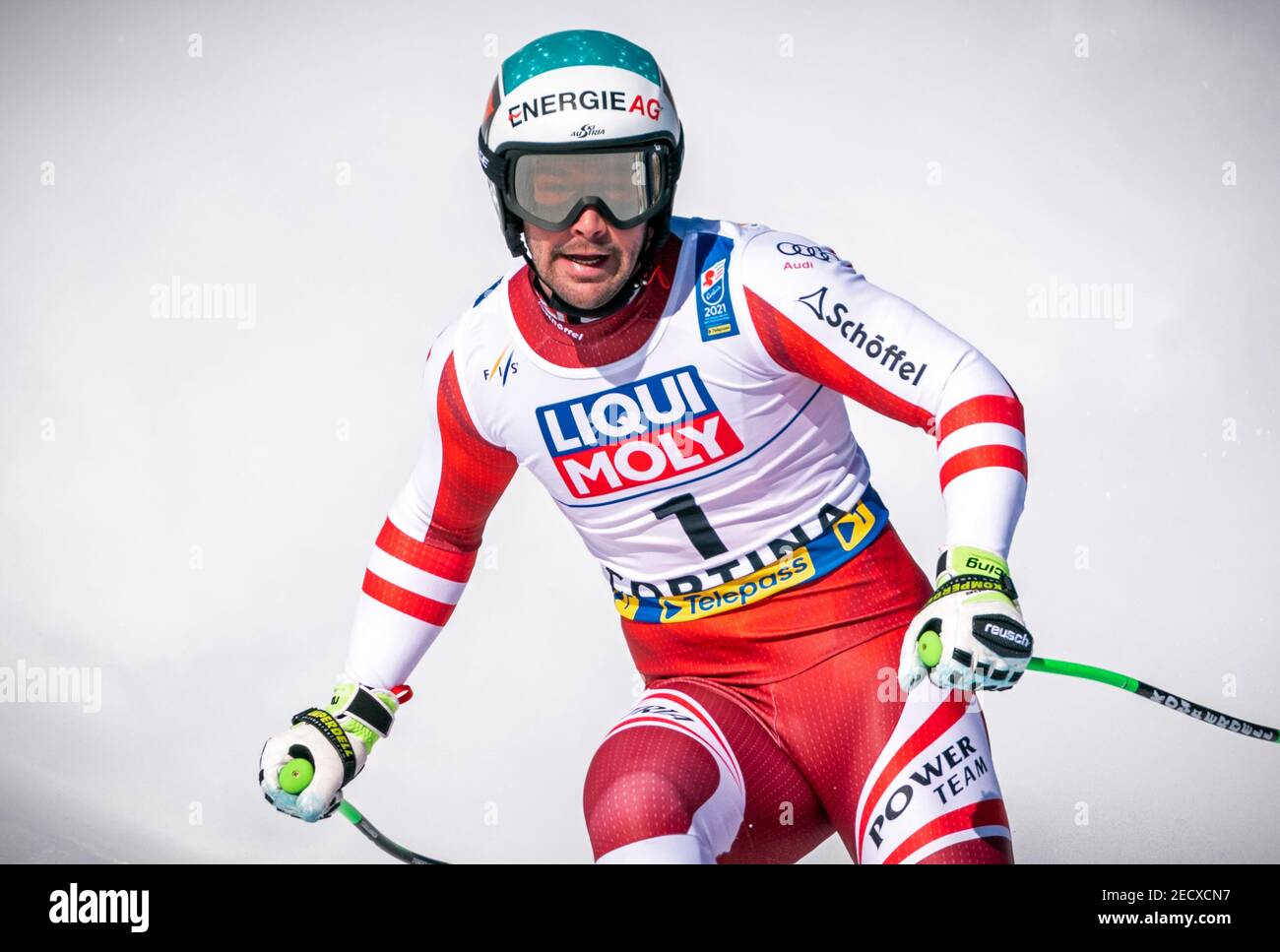 Cortina, Italien. Februar 2021, 14th. 14. Februar 2021, Italien, Cortina d'Ampezzo: Alpine Ski World Championship, Abfahrt, Herren: Vincent Krichmayr aus Österreich im Ziel. Foto: Michael Kappeler/dpa Kredit: dpa picture Alliance/Alamy Live News Kredit: dpa picture Alliance/Alamy Live News Stockfoto