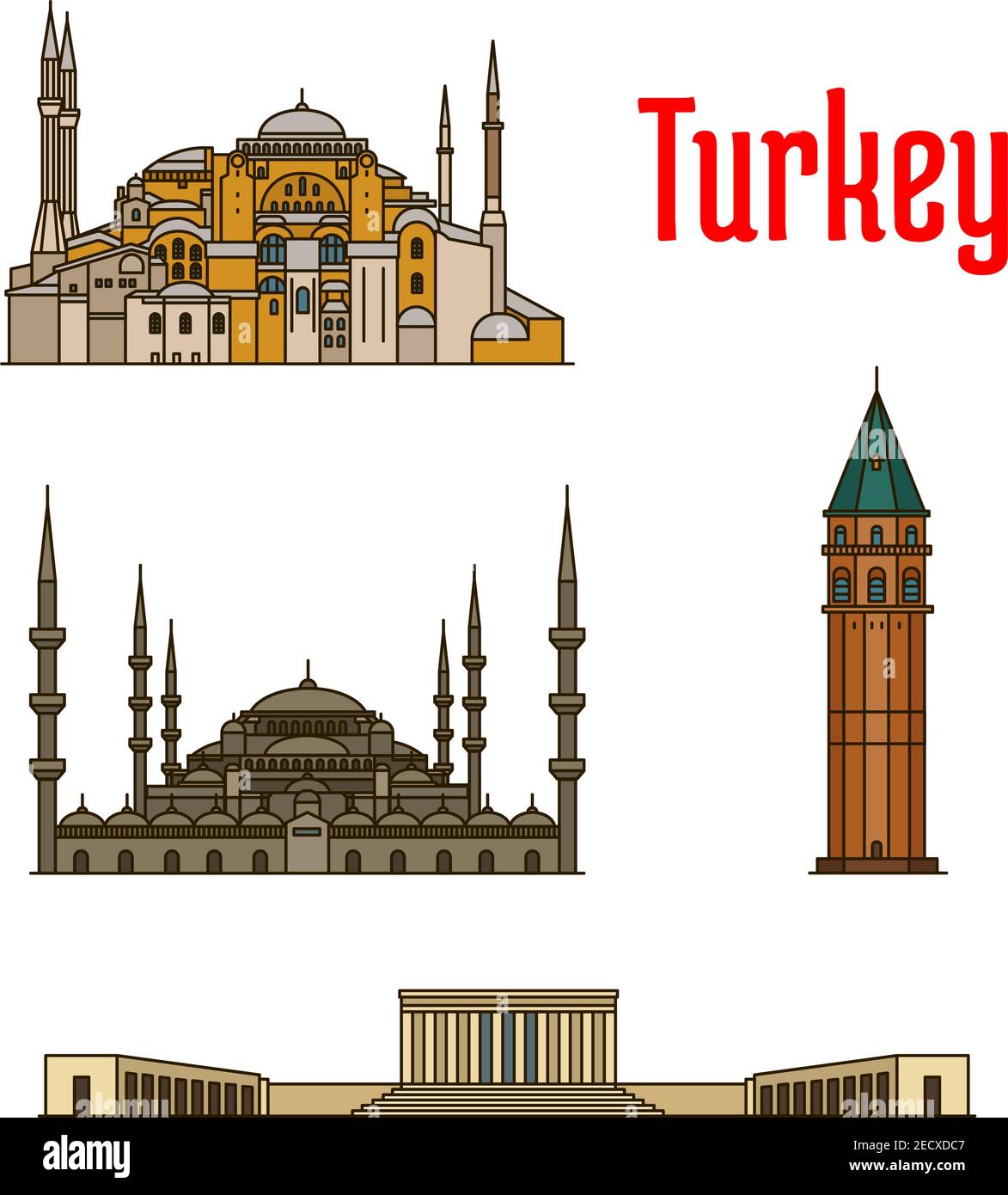 Türkei historische Architektur Gebäude. Vektor detaillierte Ikonen der Hagia Sophia, Galata Tower, Sultan Ahmed Moschee, Anitkabir für Souvenir Dekoration el Stock Vektor