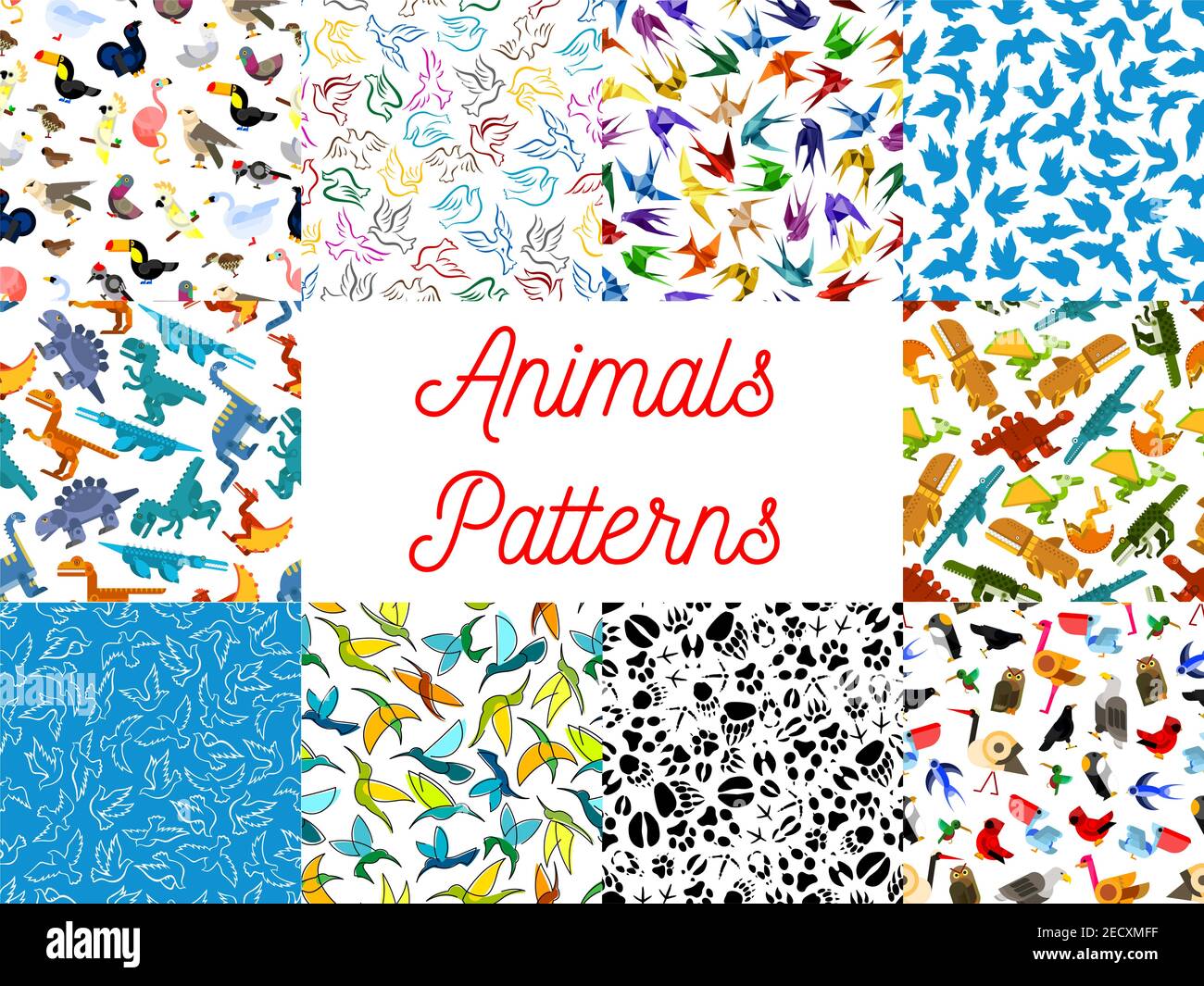 Tiere und Vögel nahtlose Muster mit Dinosaurier, Taube, Eule, Kolibri, Schwalbe, Adler, Papagei, Flamingo, Schwan und Tierspuren gesetzt Stock Vektor
