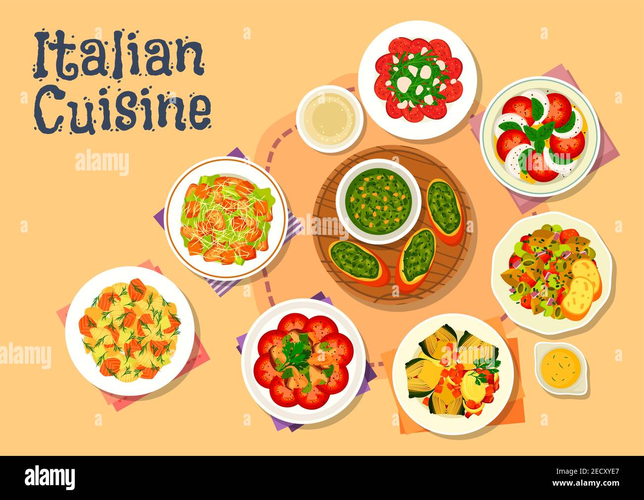 Italienische Küche Ikone der gesunden Abendessen Gerichte mit caesar Salat, Lachs Pasta Salat, Basilikum Pesto, Tomaten Mozzarella Salat, Rindfleisch Carpaccio, Chicken Mus Stock Vektor