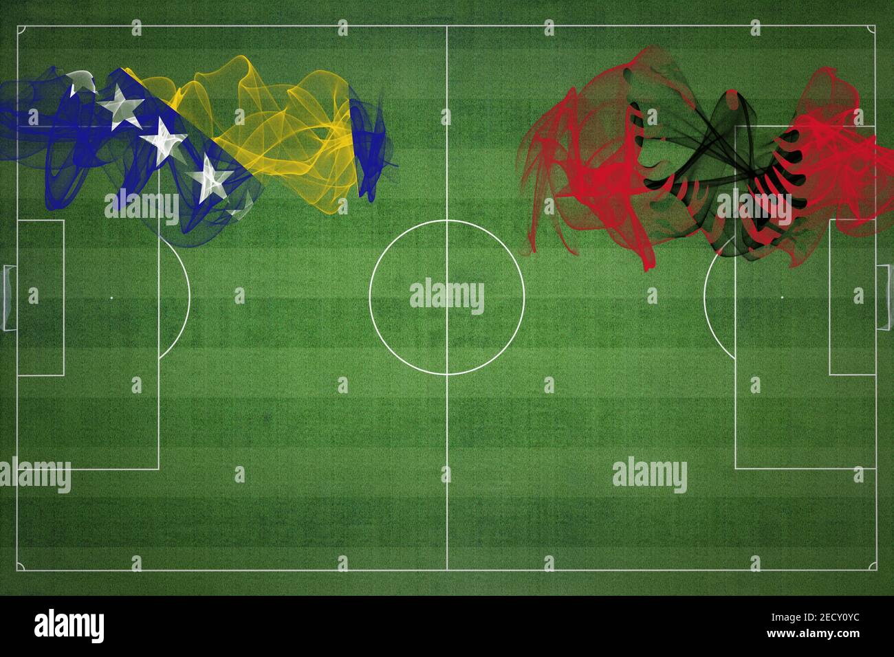 Bosnien und Herzegowina vs Albanien Fußballspiel, Nationalfarben, Nationalflaggen, Fußballplatz, Fußballspiel, Wettbewerbskonzept, Kopierraum Stockfoto