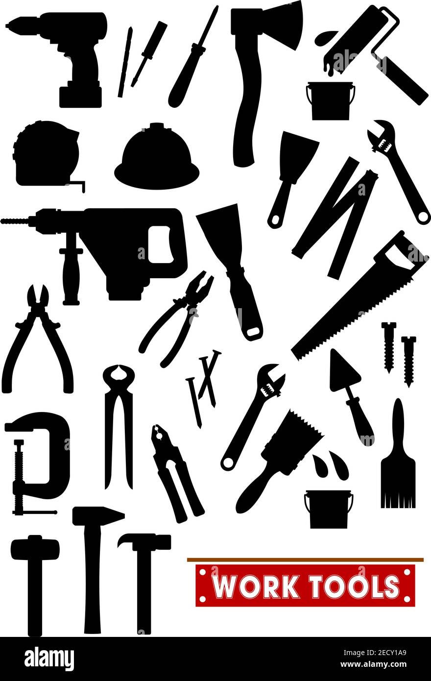 Arbeitswerkzeuge Silhouette Symbole. Bau-, Zimmerei und Hausreparatur Vektor isoliert Symbole Hammer, elektrische Bohrmaschine, Axt, Lineal, Säge, Zangen, Schraub Stock Vektor