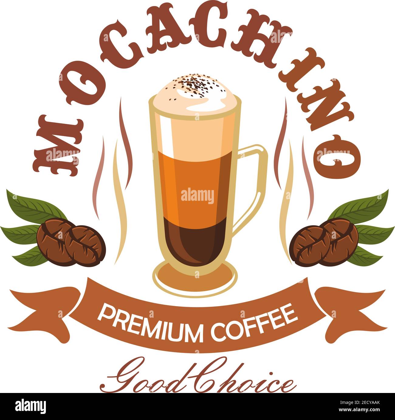 Premium-Kaffee trinken Cartoon-Abzeichen mit hohen Tasse Mochaccino gewürzt mit Schokolade, umgeben von Kaffeebohnen und vintage Band Banner Stock Vektor