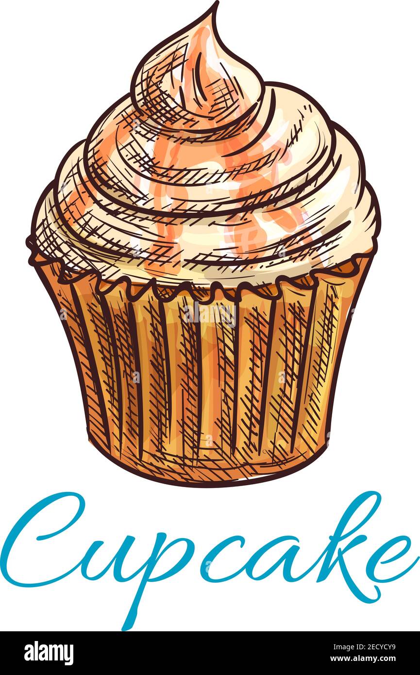 Cupcake Dessert isoliert Skizze. Schokoladenkuchen mit Sahne und gesalzenem Karamell-Zuckerguss. Gebäck oder Bäckerei Shop Menü, Lebensmittelverpackung Design Stock Vektor