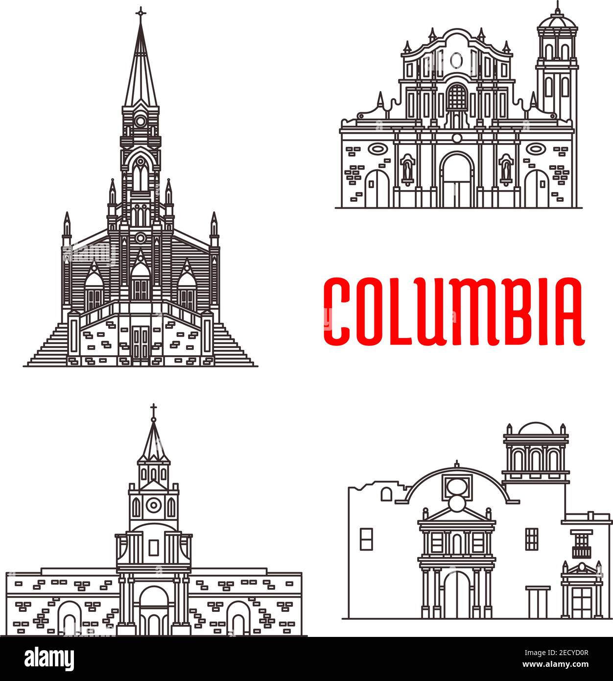 Ikonen der berühmten kolumbianischen Gebäude. Kathedrale unserer Lieben Frau Carmen, Popayan Santo Domingo Kathedrale, Cartagena Rathaus, Ermita Kirche. Historische Archi Stock Vektor