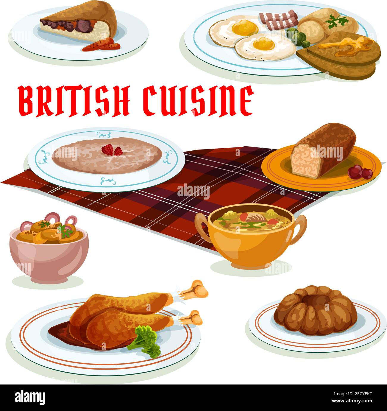 Britische Küche Frühstücksmenü Ikone mit Spiegelei, Speck und Toast, Lebkuchenkuchen, Pudding, Haferbrei Haferbrei, Rind Nierenkuchen, truthahn Bein in Beere Stock Vektor