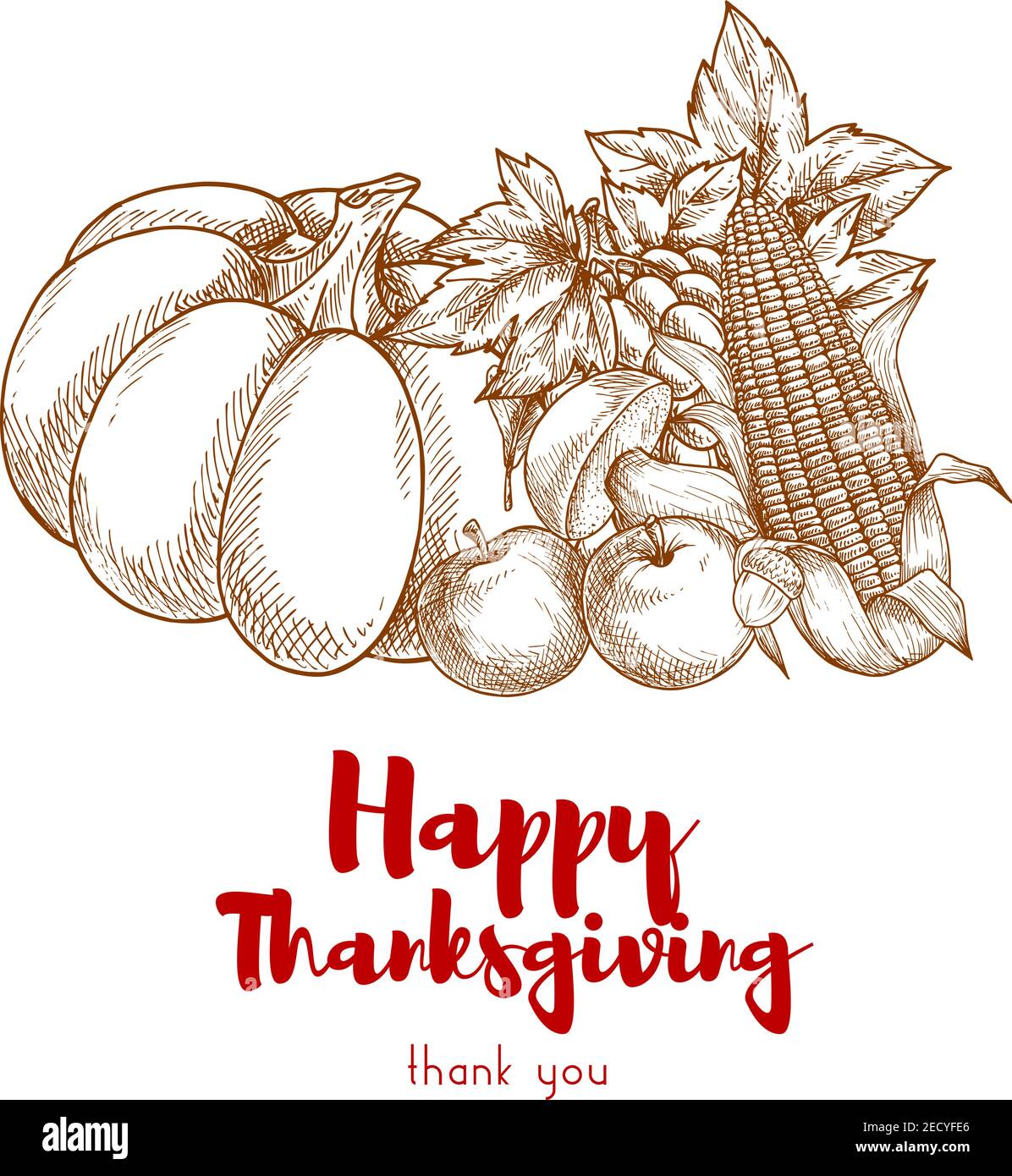 Happy Thanksgiving Gruß mit Herbsternte. Dekorationselemente der Danksagung Ernte Gemüse. Skizzierter Kürbis, Äpfel, Mais, Traubenbrötchen Stock Vektor
