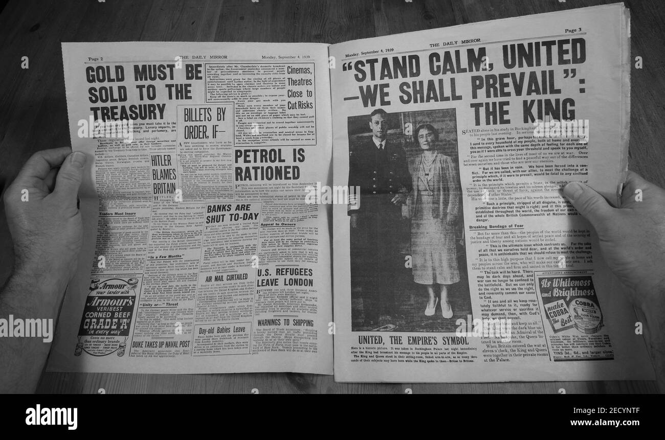 Daily Mirror , der Tag des Zweiten Weltkriegs ausbrach Stockfoto