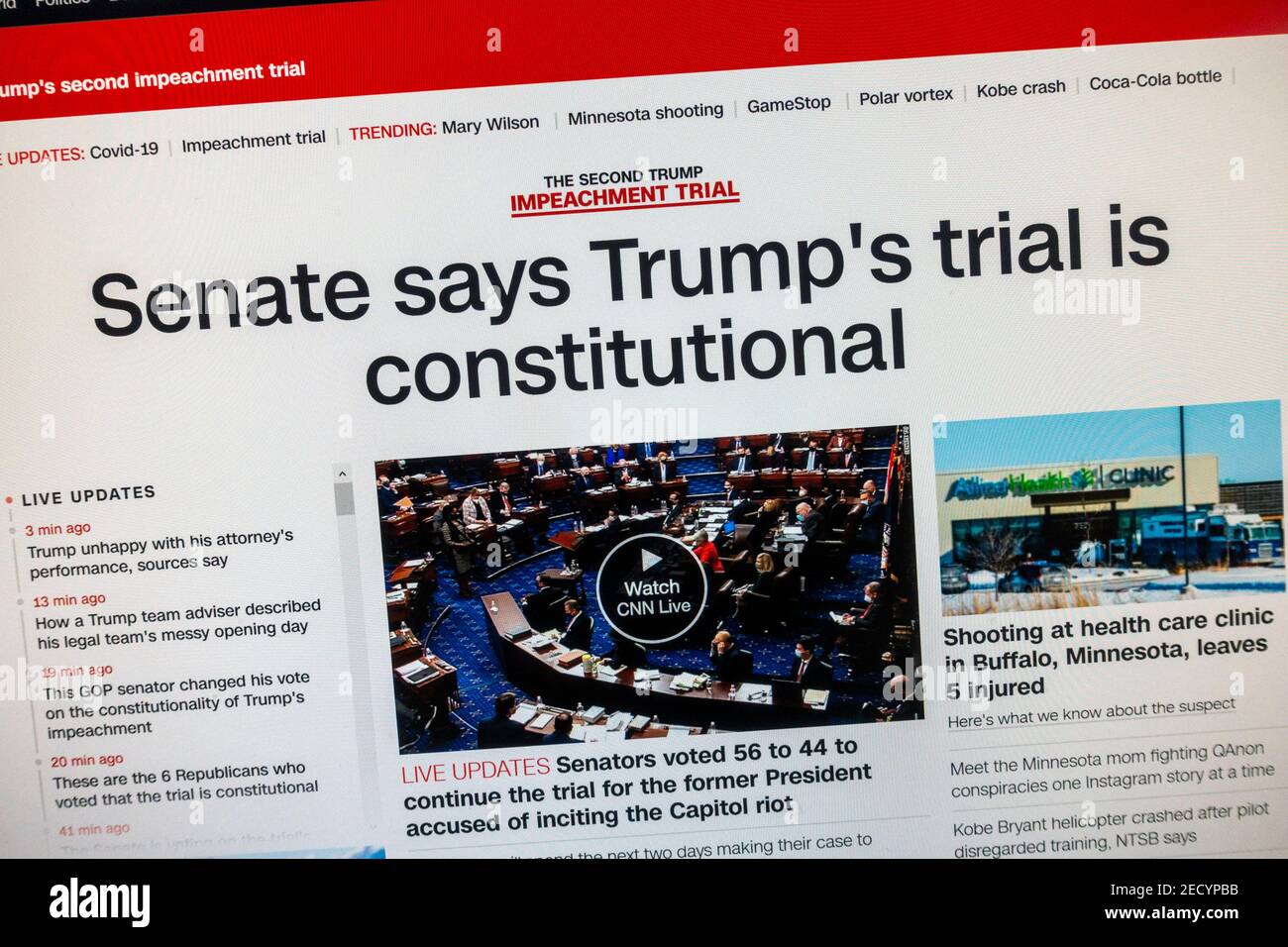 CNN Breaking News Screenshot "Senat sagt, Trump-Prozess ist verfassungsgemäß", 9th. Februar 2021. Stockfoto