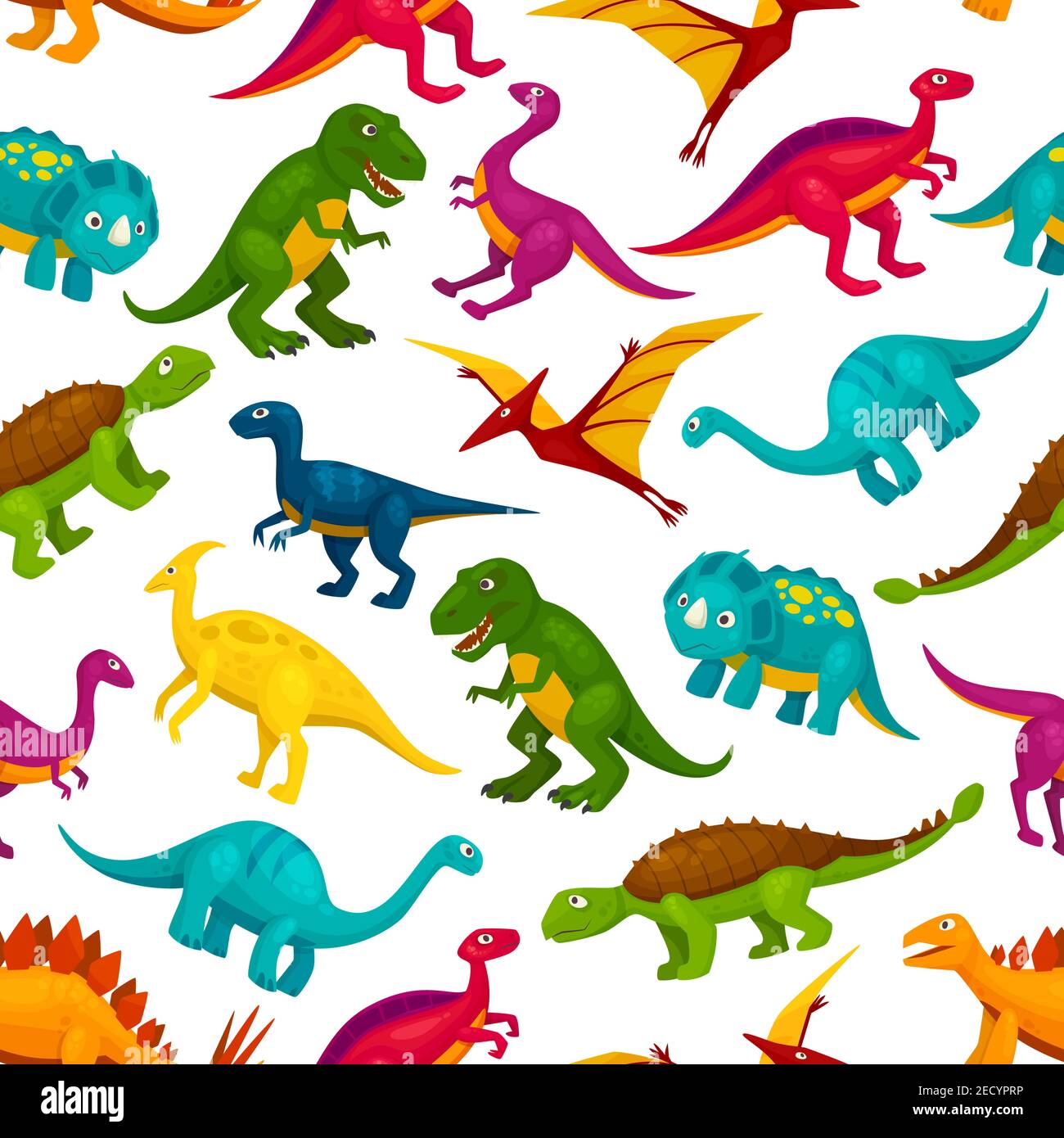 Cartoon Spielzeug Dinosaurier Kinder nahtlose Muster. Vektor bunte und niedliche Ikonen von t-rex, Tyrannosaurus, pterosaur, pterodactyl Spielzeug Zeichen. Decora Stock Vektor