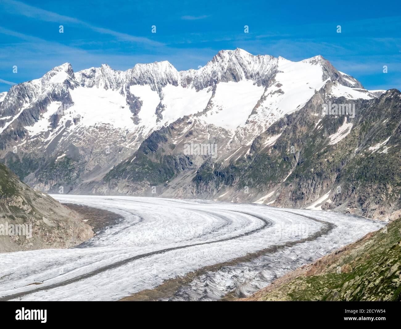 Blick auf den Großen Aletschgletscher, Aletschgletscher, in den Berner Alpen, Kanton Wallis, Schweizer Alpen, Schweiz, Europa Stockfoto