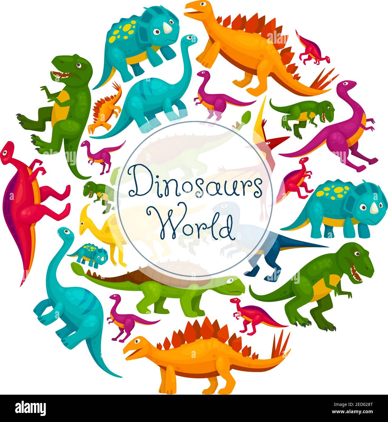 Dinosaurier-Weltplakat. Vector Cartoon Dinosaurier t-rex, Tyrannosaurus, pterosaur und pterodactyl, Triceratops und brontosaurus, Eoraptor Stock Vektor
