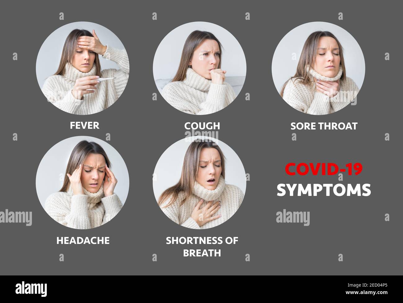 Symptome von COVID-19. Kranke Frau, die an einer Coronavirus-Infektion leidet Stockfoto