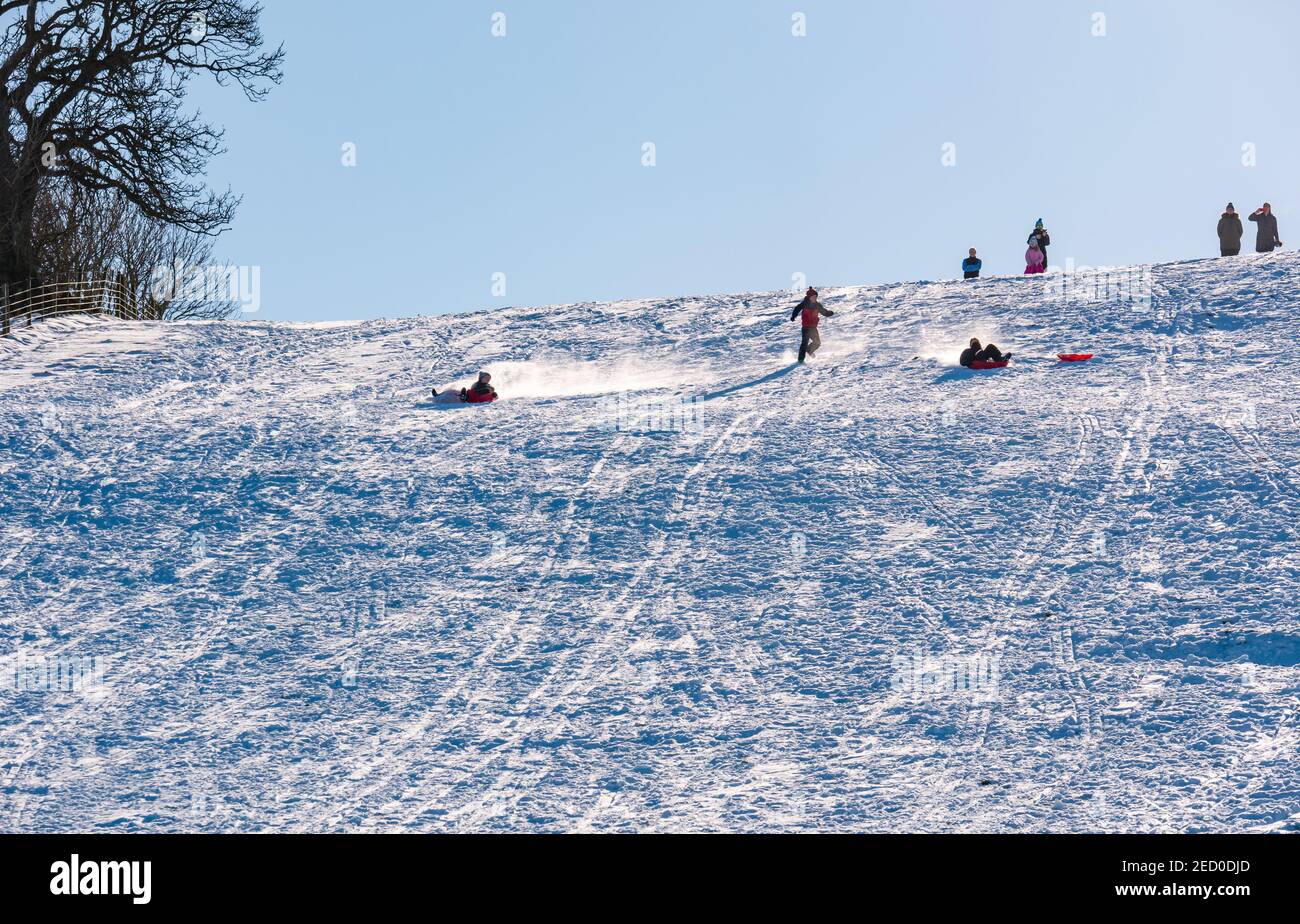 Jungs auf Schlitten Rodeln auf Skid Hill im Winter Sonnenschein und Schnee, East Lothian, Schottland, Großbritannien Stockfoto