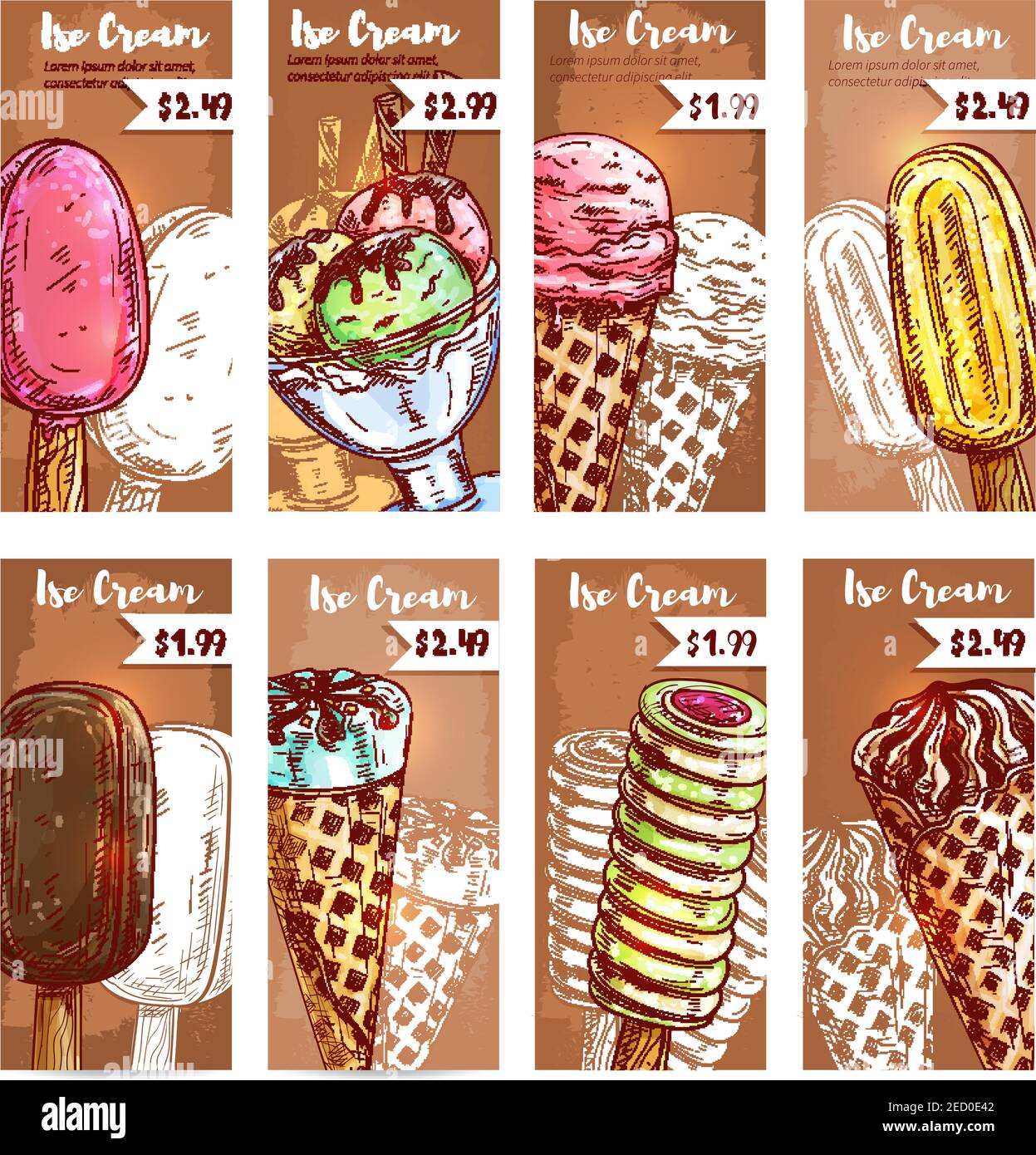 Eiscreme-Auswahl an Fruchtgeschmack Pistazien, Melone, Banane, Eisschaufeln in Glasschale, eskimo Pie in Schokoladenglasur, Eisbecher in Waffelkegel, fro Stock Vektor