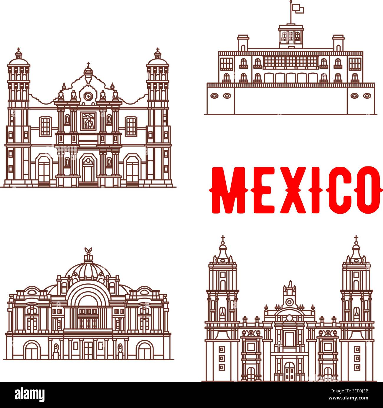 Mexikanische Architektur Vektor-Symbole. Basilika unserer Lieben Frau von Guadalupe, Schloss Chapultepec, Palast der Schönen Künste Mexiko, Kathedrale der Metropole. Vektor dünn Stock Vektor