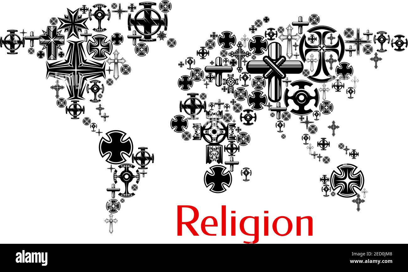 Religion Weltkarte mit christentum Kreuz Symbole. Kartengestaltung mit religiösen Kruzifix Symbole Dekoration und Design-Element Stock Vektor