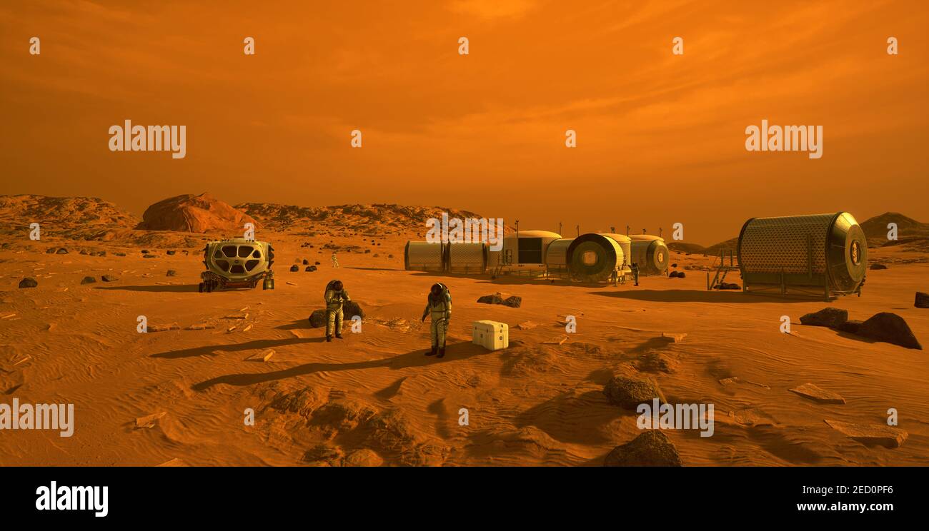 MARS - Dieses Künstlerkonzept zeigt Astronauten und menschliche Lebensräume auf dem Mars. NASA Mars 2020 Rover wird eine Reihe von Technologien, die machen könnte Stockfoto