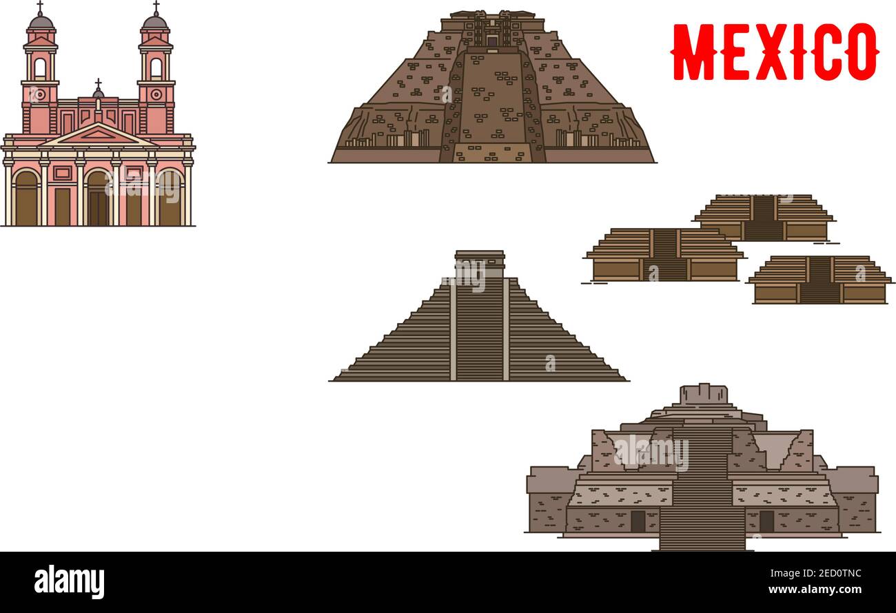 Mexikanische kulturelle antike Wahrzeichen Ikonen. Berühmte archäologische Maya und Inkas Reise-Objekte und Sehenswürdigkeiten. Vektorelemente von Uxmal, Teotihuacan, C Stock Vektor