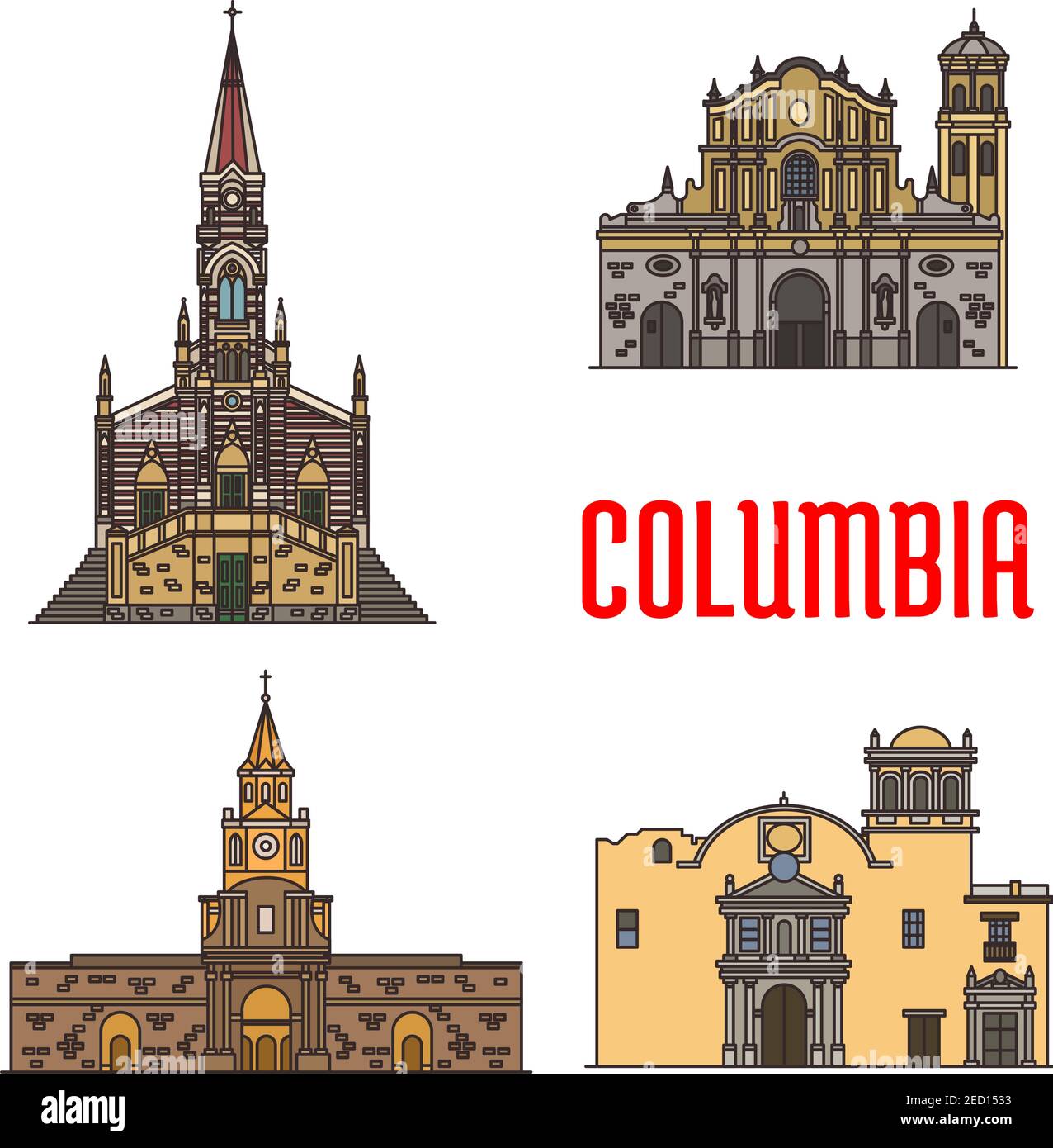 Touristische Architektur Wahrzeichen von Kolumbien. Vector Kathedrale unserer Lieben Frau Carmen, Popayan Santo Domingo Kathedrale, Cartagena Rathaus, Ermita Kirche. Stock Vektor