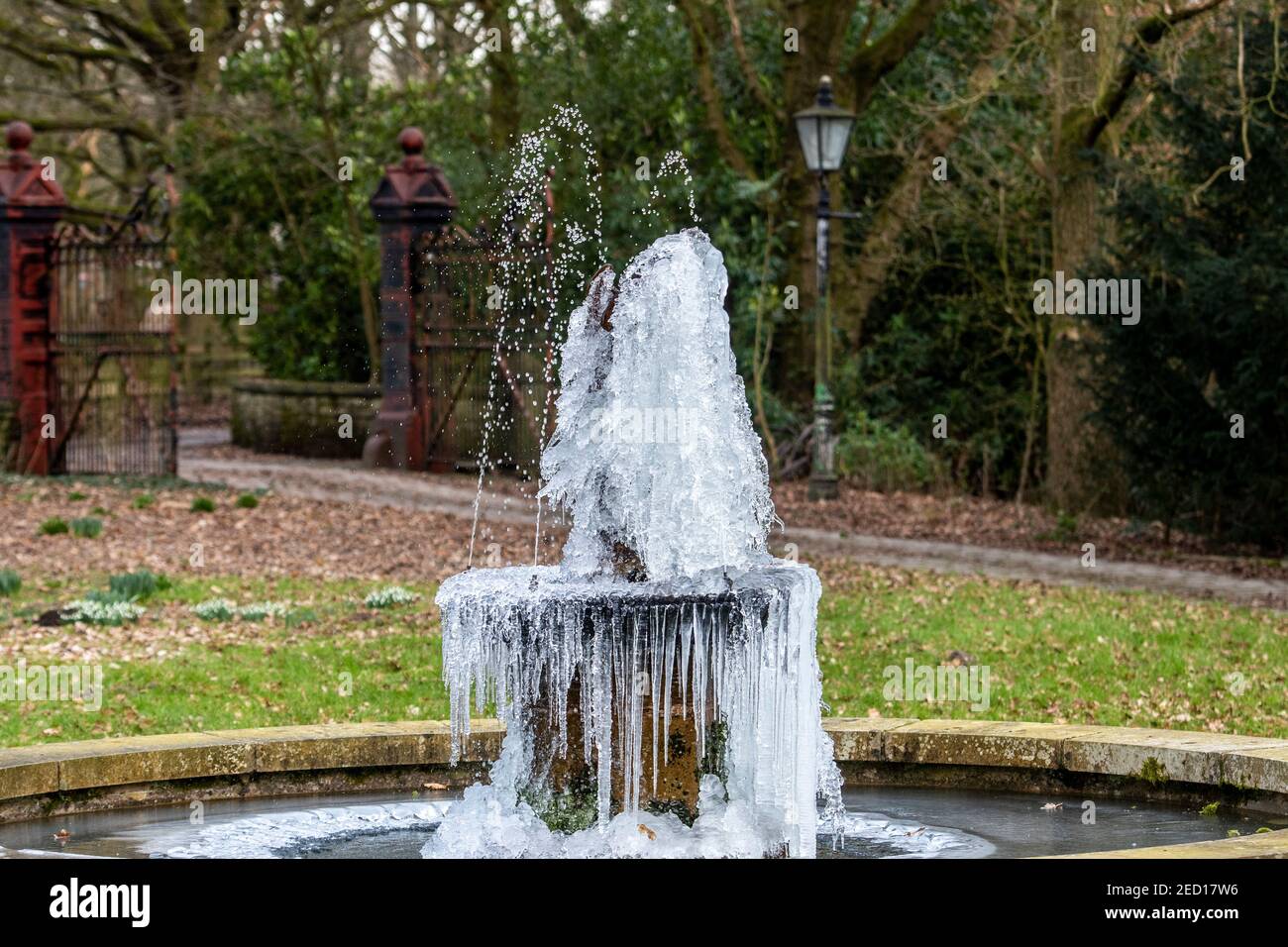 Der Frozen Angel Gartenwasser verfügen über Lancashire UK als eiskalt Die Temperaturen im Nordwesten Englands erreichten Rekordwerte Unter Freeziing Februar Stockfoto