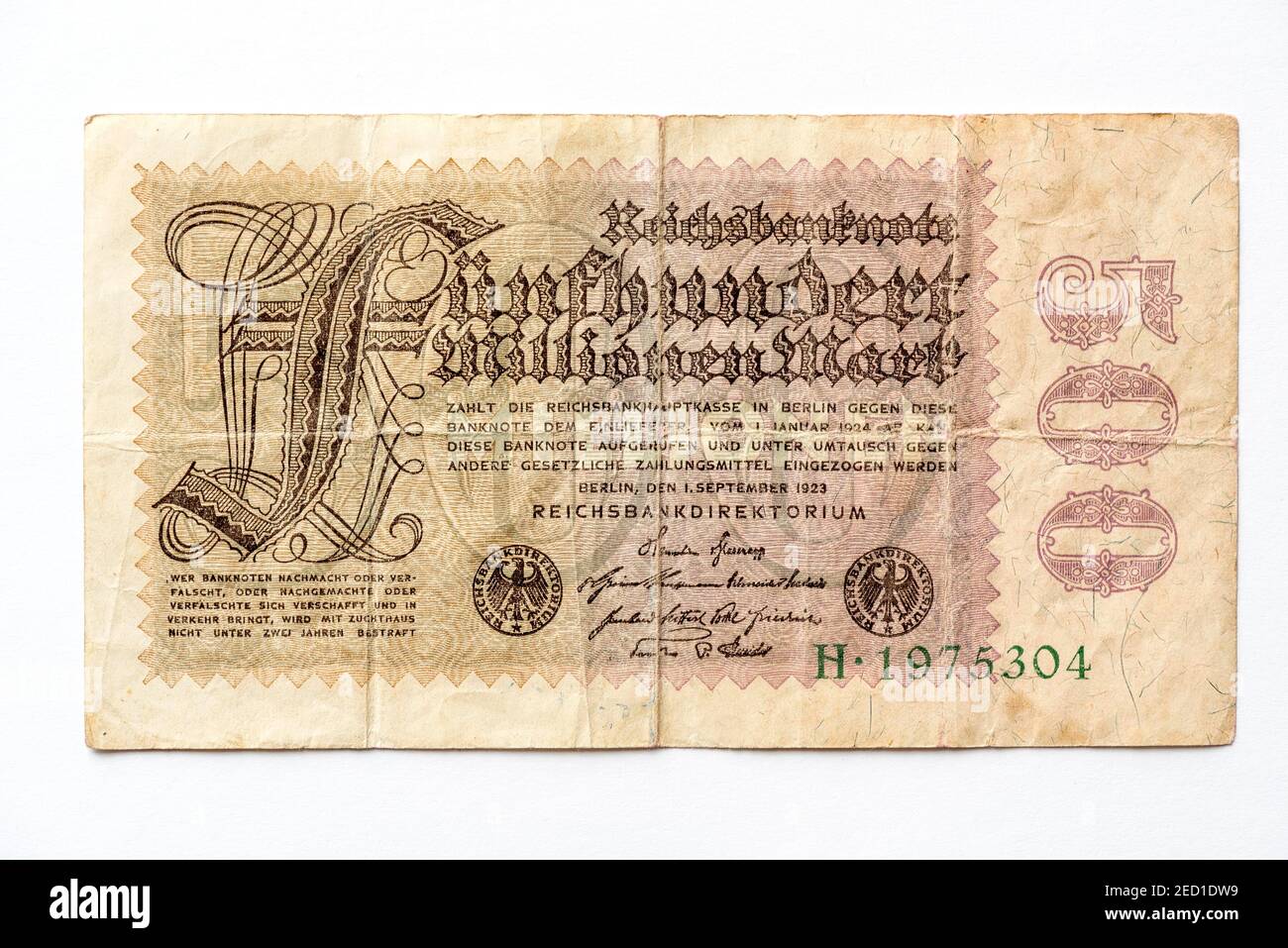 Banknote über fünfhundert Millionen Mark, Reichsmark, 500 Millionen RM, Vorderseite, Reichsbanknote von 1923, Inflationsgeld aus der Weimarer Republik Stockfoto