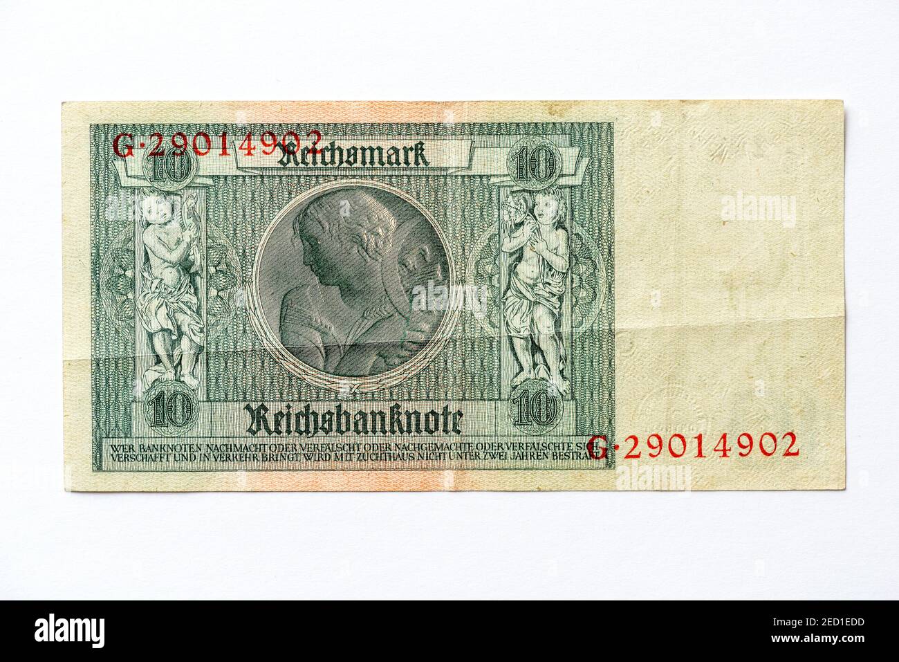 Banknote über zehn Mark, Reichsmark, 10 RM, Rückseite, Reichsbanknote von 1929, Weimarer Republik, Deutschland Stockfoto