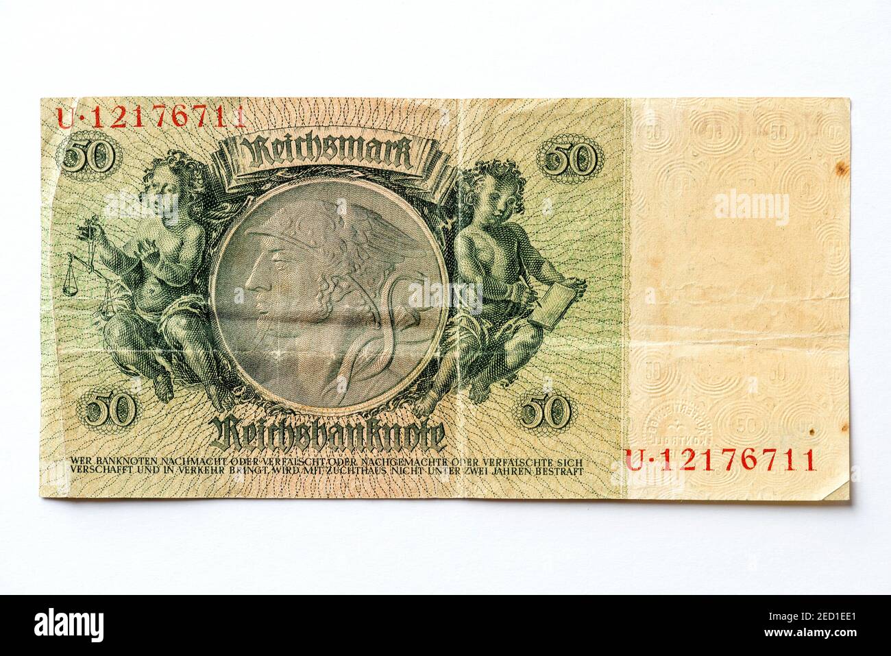 Banknote über 50 Mark, Reichsmark, 50 RM, Rückseite, Reichsbanknote von Anfang 1933, Weimarer Republik, Deutschland Stockfoto
