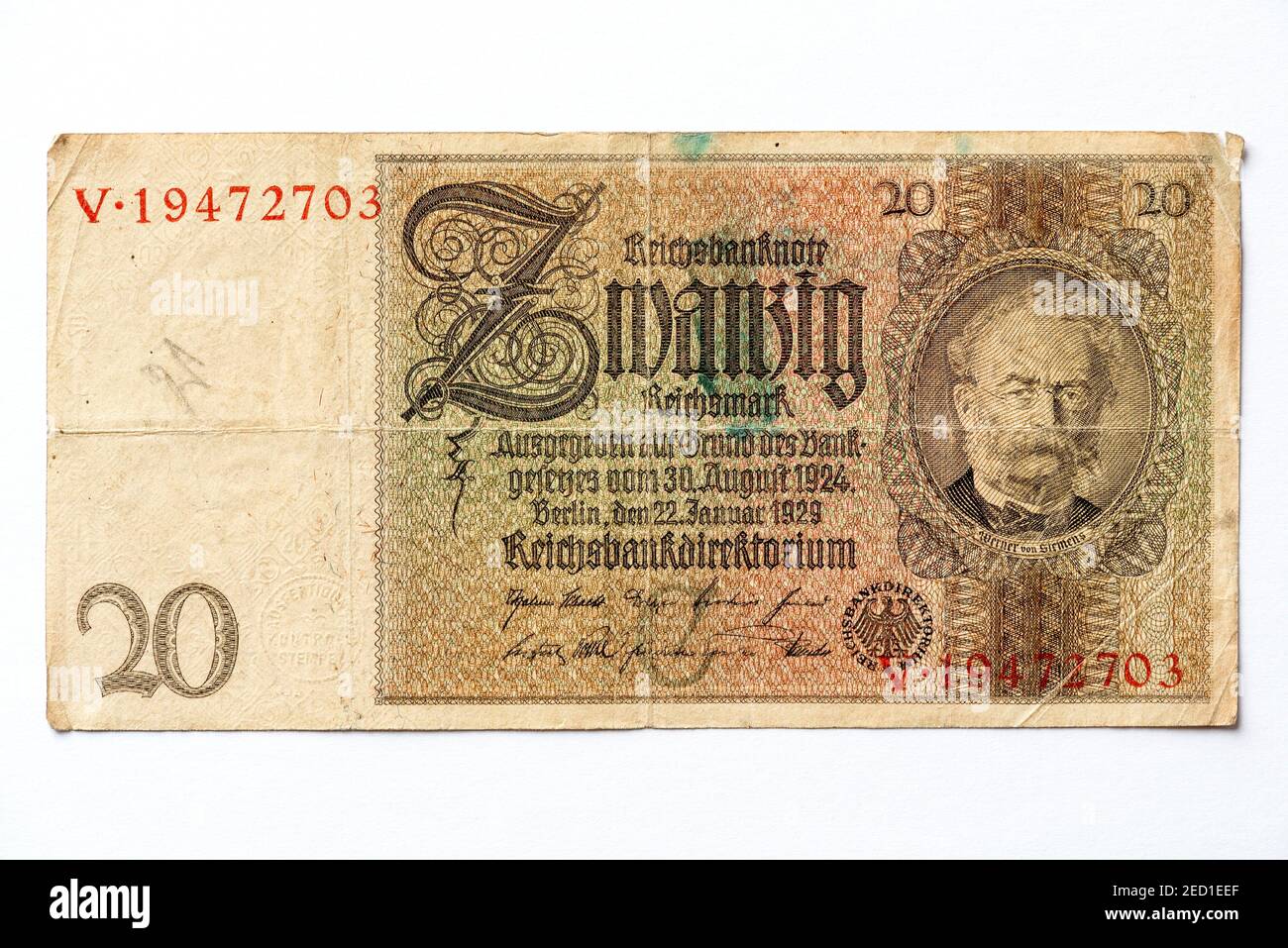 Banknote über zwanzig Mark, Reichsmark, 20 RM, Vorderseite mit Bildnis von Werner von Siemens, Reichsbanknote von 1929, Weimarer Republik, Deutschland Stockfoto