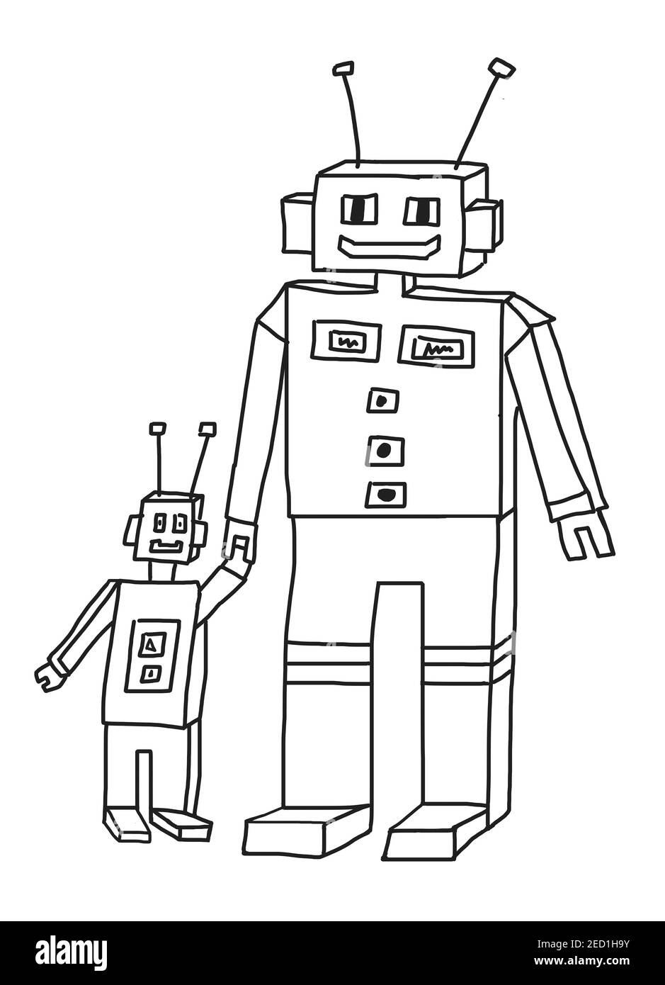 Naive Illustration, Kinder Zeichnung, Roboter-Familie, Österreich Stockfoto