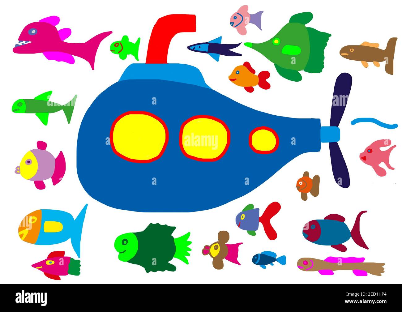 Naive Illustration, Kinderzeichnung, buntes U-Boot mit bunten Fischen, Österreich Stockfoto