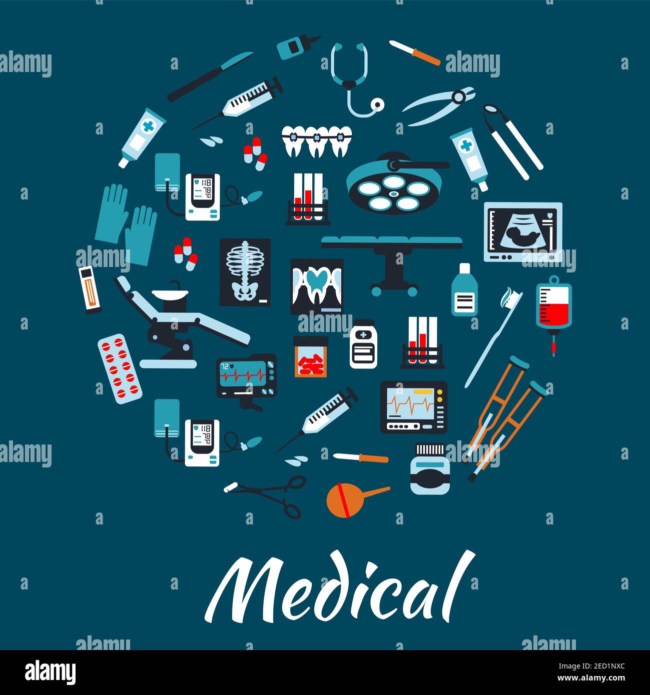 Medizinische Infografik Poster Hintergrund. Vektor-Symbole und Symbole für Gesundheitsgeräte und Therapie Spritze, Krankenschwester und Tropf, Pille und Salbe, x- Stock Vektor